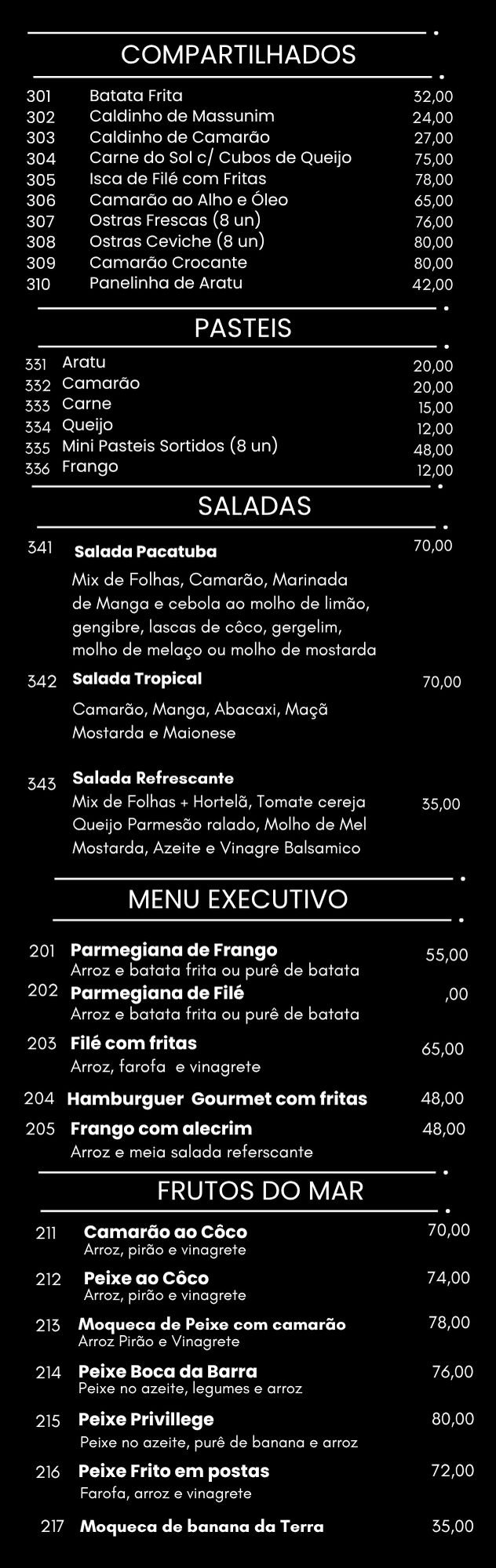 Menu página 1 — Compartilhados, Pastéis, Saladas, Menu Executivo e Frutos do Mar