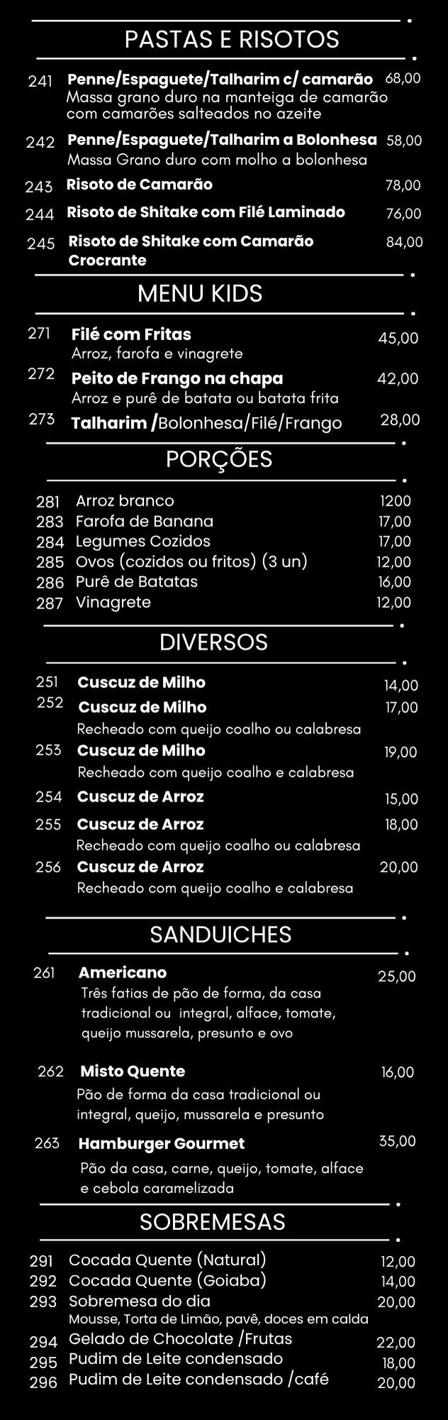 Menu página 2 — Pastas e Risotos, Menu Kids, Porções, Diversos, Sanduíches e Sobremesas