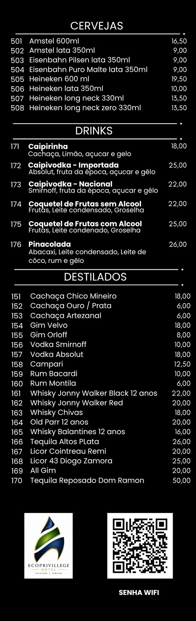 Menu página 3 — Cervejas, Drinks e Destilados