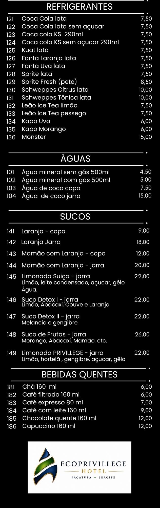 Menu página 4 — Refrigerantes, Águas, Sucos e Bebidas Quentes
